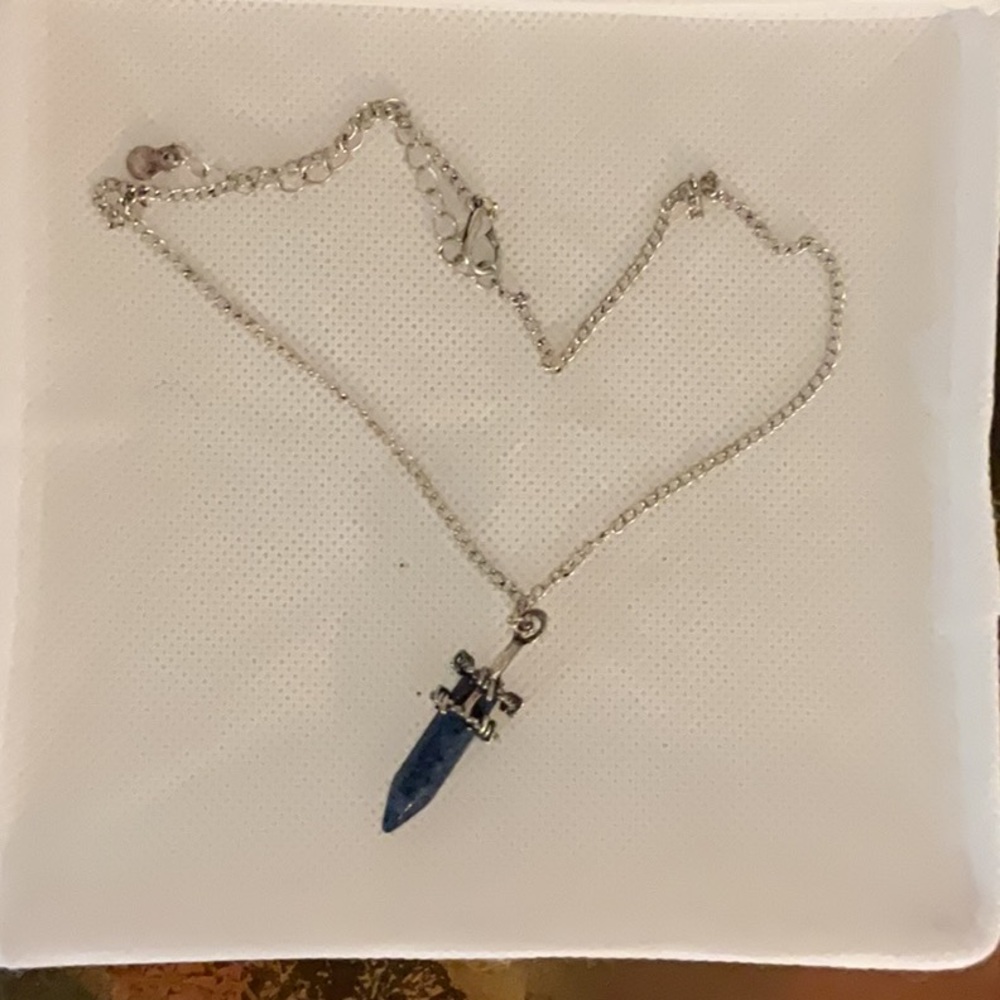 Blue Lapis Gothic Sword Pendant w/Silver Tone Chain Necklace, 16”